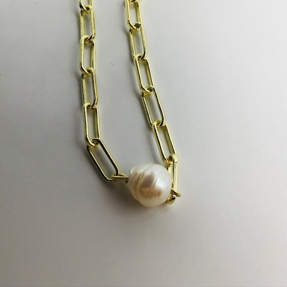 New Necklace Fresh Water Pearl 14k Yellow Gold Plated Paper Clip Chain L… - Picture 5 of 8
